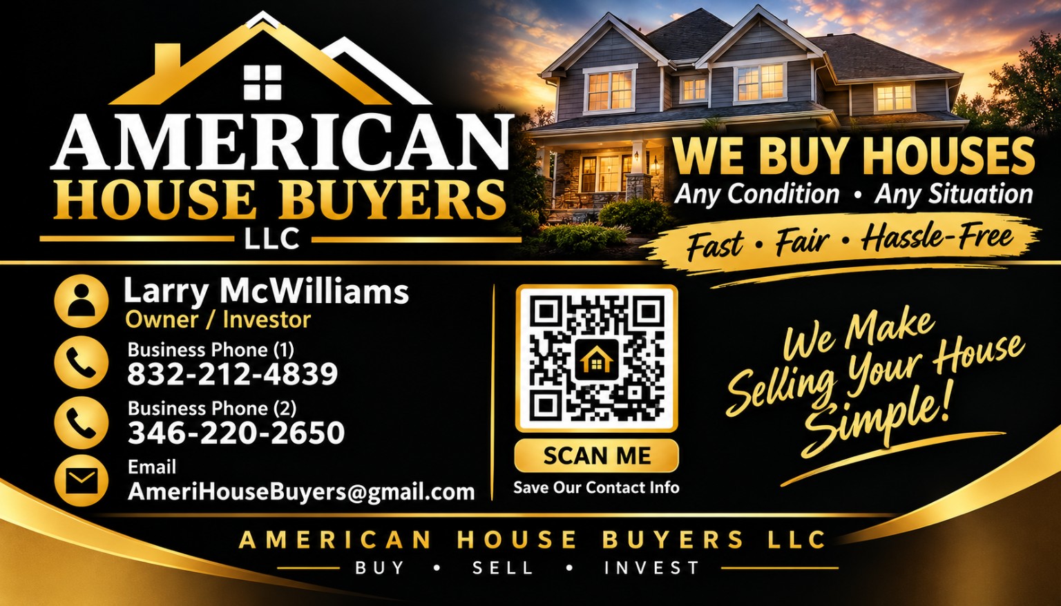 American House Buyers LLC business card for Larry McWilliams, owner and investor